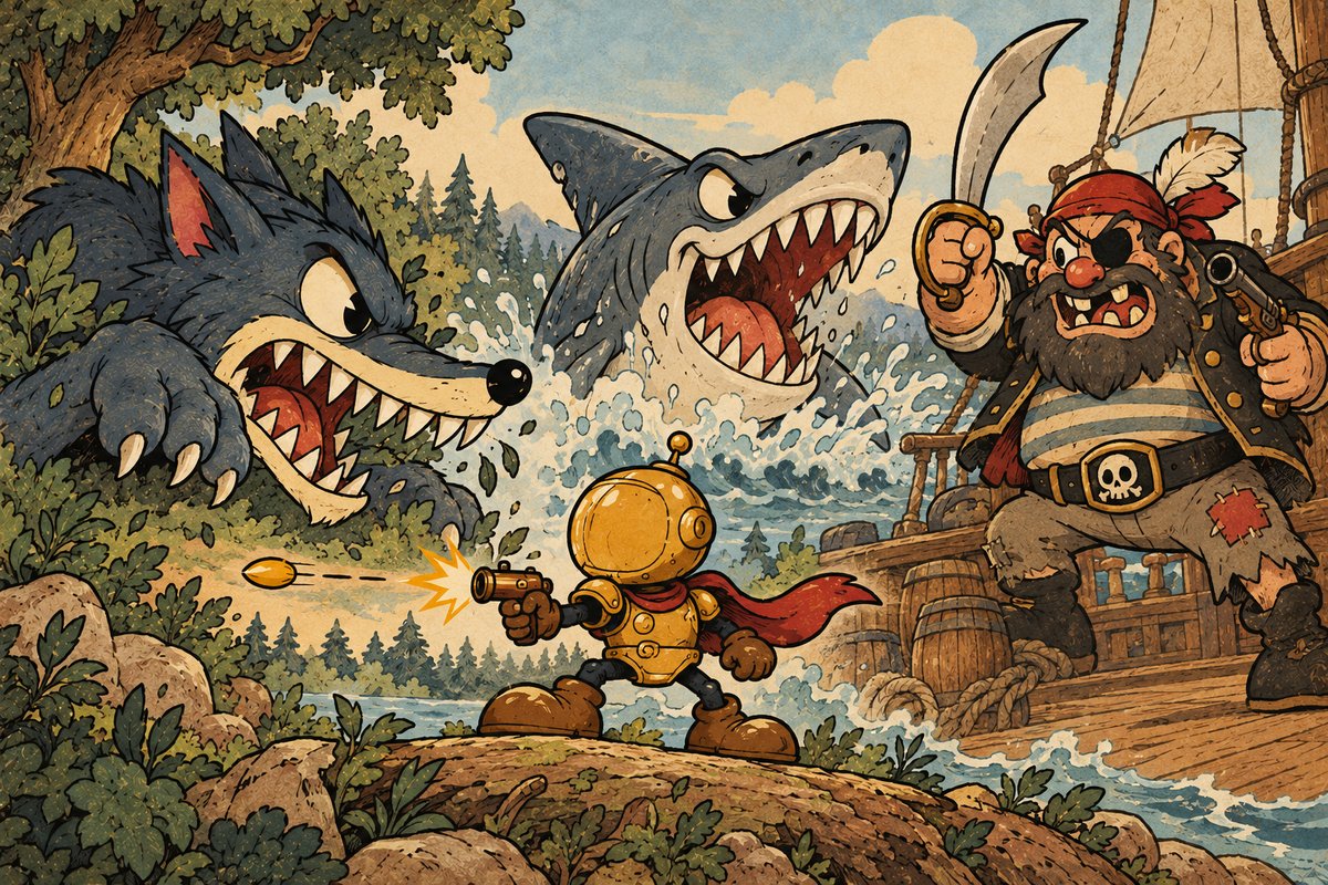 Shooter Man, a little yellow robot, faces the wolf, the shark and the pirate
