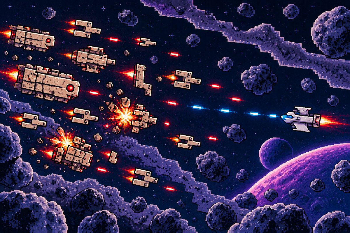 A white spaceship fires blue lasers at a fleet of enemy ships among purple asteroids